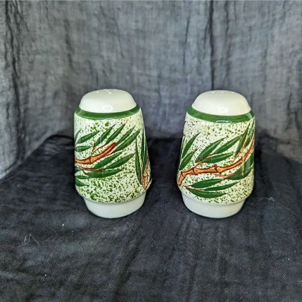 Vintage Bamboo Salt And Pepper Shakers Set Ceramic Hand Painted